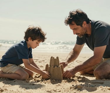 An authentic moment of a father and son building a sandcastle, charcoal shadows, warm cinematic lighting, sun-drenched beach.