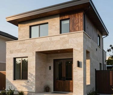 Architectural photography of a modern North American / Canadian residence featuring clean lines and Japandi design elements, late afternoon sun casting soft shadows, beige stone and dark wood textures.