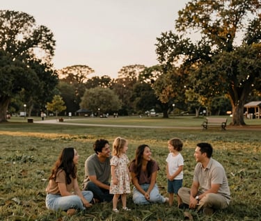 A wide-angle lifestyle photograph of an outdoor family photo session in a North American park during golden hour. The image captures an emotional, authentic moment of laughter, surrounded by the soft textures of nature and a warm, inviting atmosphere.