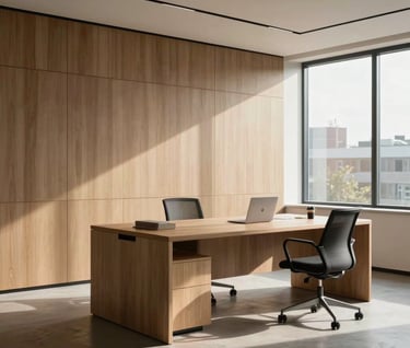 Professional photography of a modern minimalist office interior in Burlington. The shot uses soft natural light to highlight clean lines and high-quality textures in a warm and professional manner.