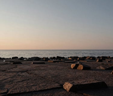A minimalist landscape photograph of a quiet Ontario shoreline at sunrise. The composition is simple and evocative, using a muted stone and deep coffee color palette to create a sense of peace and timelessness.