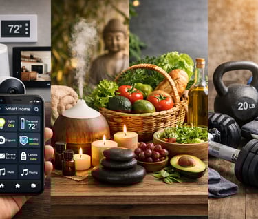 A lifestyle scene showcasing smart home devices, wellness essentials with an aromatherapy diffuser and candles