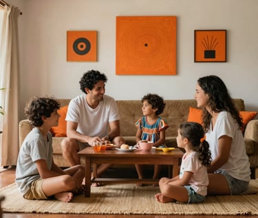 A secure and happy family playing together in a bright South American / Brazilian living room, vibrant orange decorative elements, warm and authentic atmosphere, cinematic photography.