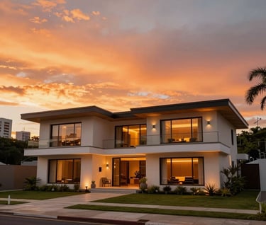 An wide-angle exterior shot of a luxury villa in a South American / Brazilian city at sunset. The Vibrant Orange glow of the sky highlights the security infrastructure and the modern lighting of the house.