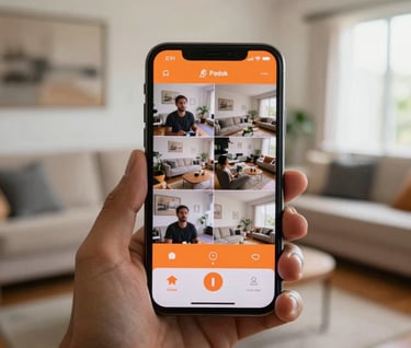 A close-up of a hand holding a modern smartphone in a bright South American / Brazilian living room. The screen shows a clear, multi-camera monitoring app with orange interface accents.