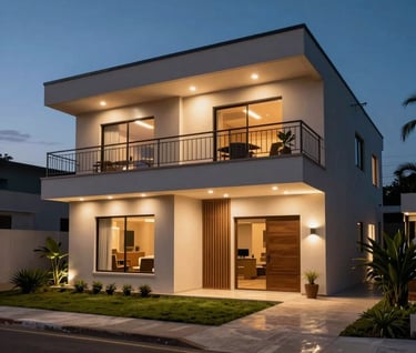 Wide cinematic shot of a modern South American / Brazilian residence at dusk, well-lit by integrated security lighting, conveying a sense of absolute protection.