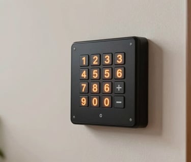 A high-tech digital alarm keypad with vibrant orange glowing numbers, mounted on a minimalist soft off-white wall in a South American / Brazilian interior, clean lighting.
