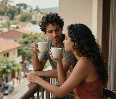 A candid, cinematic shot of a couple enjoying coffee on their balcony in a South American / Brazilian apartment, feeling secure. The composition uses warm tones and professional photographic depth.