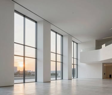 An architectural photograph of the clean, minimalist interior of a modern museum in an International / Western city. Large windows show a sky of Warm Sunset Ochre. The space is vast and white, with elegant lines and plenty of light.