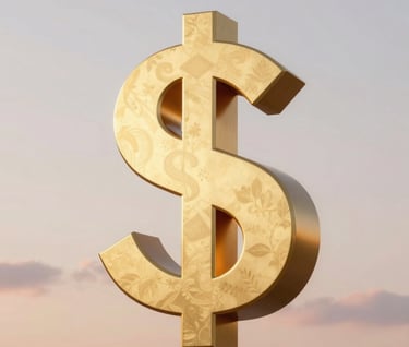 Abstract composition of floating golden geometric shapes representing currency, minimalist, soft crisp white and dusty rose sunset background.