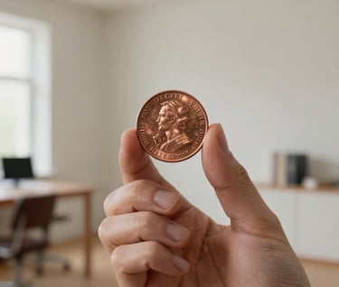Close-up of elegant hands holding a large, polished copper coin. The scene is set in a light, airy International / Western study with soft off-white walls and minimalist furniture in the background.