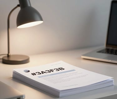 A minimalist workspace with a single lamp casting a warm glow on a stack of creative briefs. Professional, strategic, and calm mood. Use of brand colors #3A3F3B and #F8F6F2.