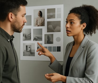 Action shot of two professionals in a studio discussing a moodboard pinned to a wall. The shot is spontaneous and unposed, with a cinematic depth of field. Professional and contemporary atmosphere, using shades of #C1C4BF and #3A3F3B.
