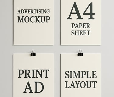 Abstract shot of printed advertising mockups hanging on a white wall. The focus is on the typography and layouts. Soft shadows, professional studio lighting, using #3A3F3B for text on #F8F6F2 paper.