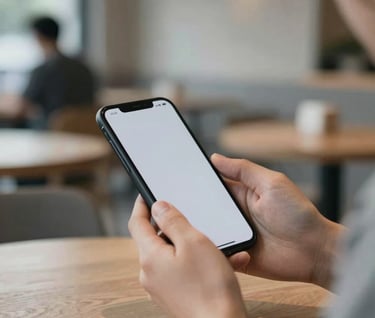 Spontaneous lifestyle photography showing a person using a mobile device in a minimalist cafe. High-end aesthetic, cinematic depth of field, colors #F8F6F2 and #9A9E96 dominate the frame.