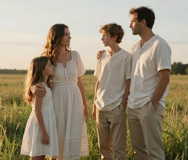 A heartfelt photo of a family of four in a North American / US grassy field during the golden hour. The lighting is warm and inviting. They are dressed in simple, elegant Off-white and Stone-colored clothing, looking at each other with genuine affection.