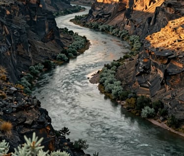 A wide shot of a winding river through a North American / US canyon. The lighting is golden and warm, highlighting the sage green brush and charcoal cliffs. Professional nature photography with a clean, sophisticated feel.