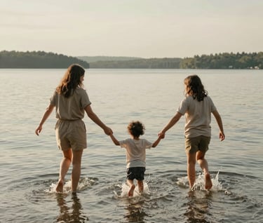 A warm, artistic shot of a family playing at a North American / US lakeside. The children are running in the shallow water. The light is soft and heartfelt, emphasizing the inviting nature of the family bond. Neutral Stone and Sage Green tones.