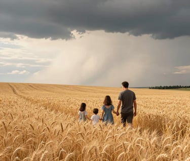 A North American / US family walking through a golden field of wheat. The horizon shows a Charcoal Gray storm receding, replaced by Soft Off-white sunshine. Warm and inviting mood.