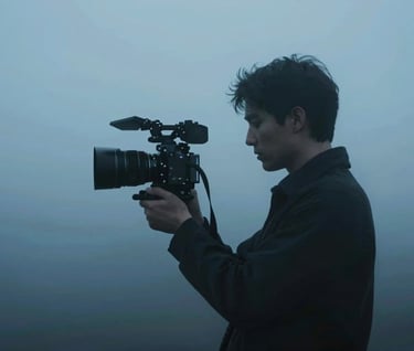 An abstract silhouette of a filmmaker against a misty, blue-toned backdrop (#2C3E50), cinematic and moody lighting, elegant composition.