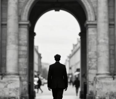 A black and white cinematic still of a silhouette walking through a grand archway in Bordeaux. High contrast between #0A0A0A shadows and #ECF0F1 highlights. Elegant, timeless, and visually storytelling.