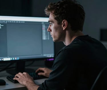 A behind-the-scenes portrait of a filmmaker looking at a monitor in a dark studio setting. The lighting is dramatic, using cool tones (#2C3E50) to highlight the intensity and focus. The aesthetic is sophisticated and minimalist.