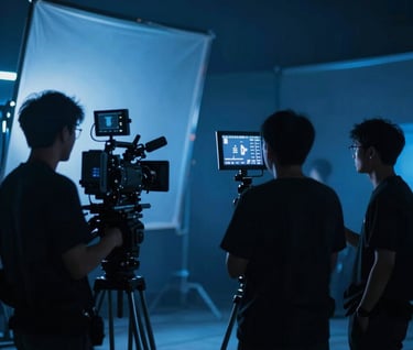 Behind the scenes shot of a professional film set at night. Dramatic #2C3E50 blue lighting, silhouettes of camera operators, and a glow of a monitor. High-end production feel, sleek and modern.