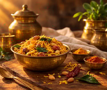 Traditional Indian kitchen with brass utensils and namkeen on wooden table