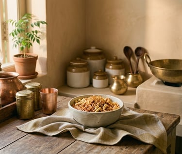 Traditional Indian snack preparation with brass utensils and spices