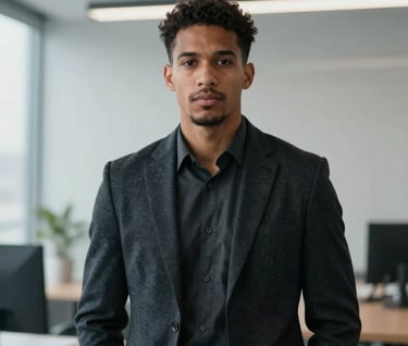 A professional portrait of George Byrd, a focused young man in a dark business-casual outfit, standing in a bright, modern office with a mist gray background. He looks competent and ready for a cybersecurity challenge.