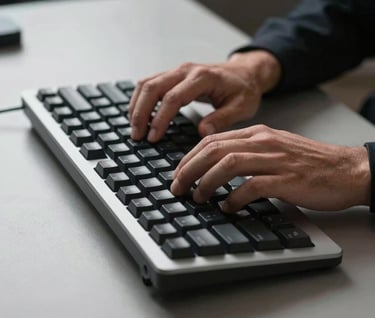 A professional shot of a cybersecurity specialist's hands typing on a high-quality mechanical keyboard. The desk setup is minimalist, featuring a silver slate palette and soft, focused lighting.