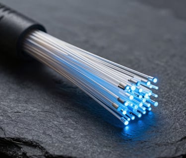 A macro shot of a fiber optic cable bundle glowing with soft steel blue light against a dark slate grey background, symbolizing high-speed secure data transmission.