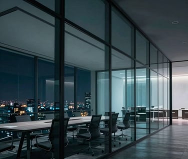 A wide, cinematic shot of a modern glass-walled conference room at night, with city lights visible in the distance. The interior is decorated in deep space navy and muted sea teal tones, reflecting a trustworthy corporate environment.