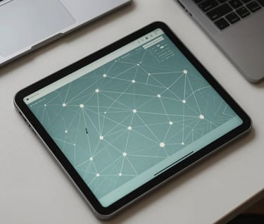 A professional overhead shot of a clean desk with a tablet showing a network map. The colors are strictly muted teal, dark slate grey, and off-white.