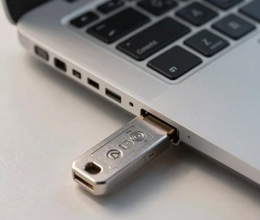 A sharp, detailed photograph of an encrypted hardware security key plugged into a silver grey laptop port. The scene is set on a pale mist surface, with soft morning light creating a clean, trustworthy, and modern feel.