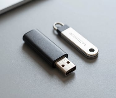 A macro shot of a secure encrypted USB drive and a hardware security token lying on a clean, professional mist gray desk surface. The composition is minimalist and sharp.