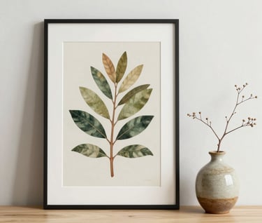 A serene interior scene featuring a botanical art print on a light wooden shelf next to a small ceramic vase with a single dried branch.