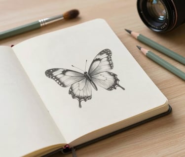 A minimalist scene of an open sketchbook on a light wooden table, showing a delicate pencil sketch of a butterfly, surrounded by artist brushes and sage green pencils.