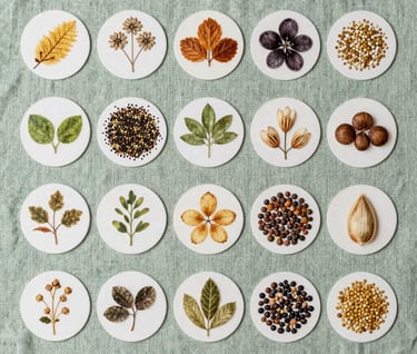 A top-down view of a collection of small, handmade circular art prints depicting various botanical seeds, arranged in a grid on a soft mist green linen cloth.
