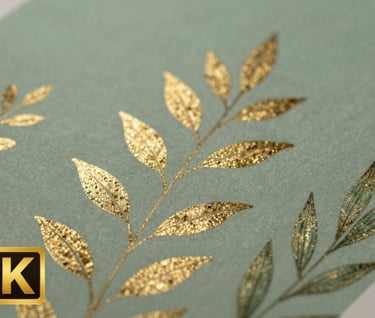 A close-up detail of an illustration showing delicate gold leaf accents shimmering on a sage green botanical drawing under soft, focused lighting.