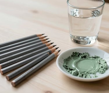 A collection of professional drawing tools: graphite pencils, a porcelain palette with dried muted sage green pigment, and a glass of clear water. Arranged artfully on a soft off-white wooden table under warm, gentle light.