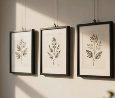 A close-up photograph of three small, elegantly framed botanical sketches hanging on a light cream wall, illuminated by soft, side-lit afternoon sun.