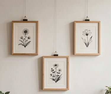 A set of three small minimalist frames containing ink drawings of forest flowers, hanging on a warm off-white wall in a bright, peaceful artist studio.