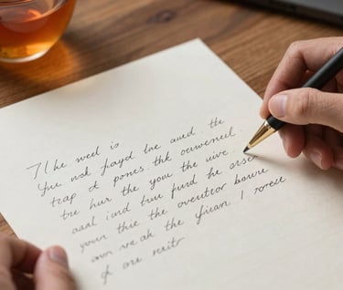 A detailed shot of a hand-written letter on a wooden table next to a cup of tea. Warm, authentic lifestyle lighting.