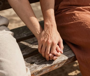 An intimate, detail-oriented shot of a couple's hands intertwined while sitting on a rustic wooden bench. The setting is outdoors, with warm sun-drenched light casting gentle shadows. The colors are dominated by terracotta and soft sand tones.