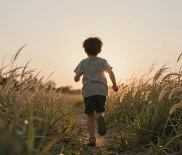 A candid shot of a child running through tall grass, backlit by the setting sun creating a natural halo effect. The colors are warm and earthy with soft sand highlights. A cinematic, storytelling feel.