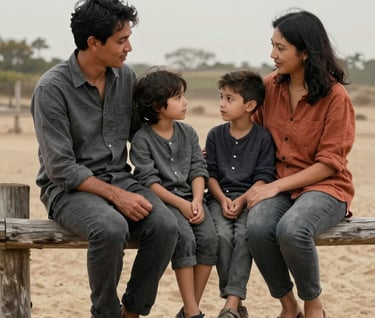 A family sitting together on a weathered wooden fence, sharing a story. The atmosphere is warm and authentic. Charcoal and terracotta accents in their clothing contrast beautifully with the soft sand environment.