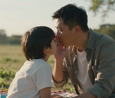A medium shot of a family sharing a quiet, authentic moment during a picnic. A parent is leaning in to whisper something to a child. The lighting is soft and cinematic, with the natural warmth of the sun-drenched environment reflecting off their clothing.