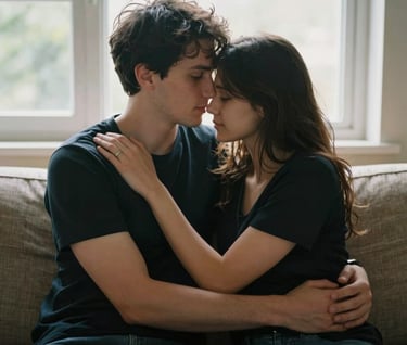 A couple embracing on a sofa, bathed in natural window light. The mood is intimate and professional, reflecting a refined storytelling approach.
