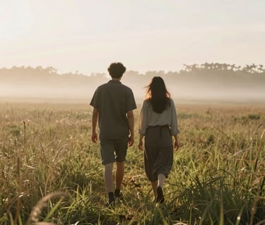 A couple walking away from the camera into a hazy, sun-drenched field of tall grass. The light creates a beautiful rim-light effect on their silhouettes. The atmosphere is warm, peaceful, and authentic.